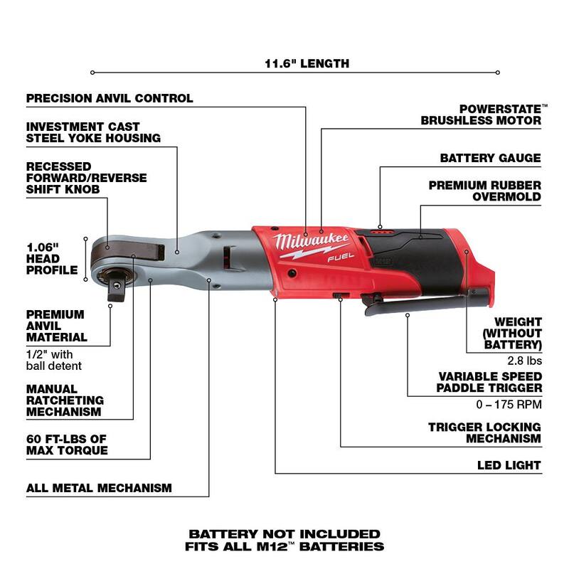 Milwaukee M12 FUEL 12V Llave de trinquete inalámbrica sin escobillas de iones de litio de 1/2 pulg. (solo herramienta) - 2558-20