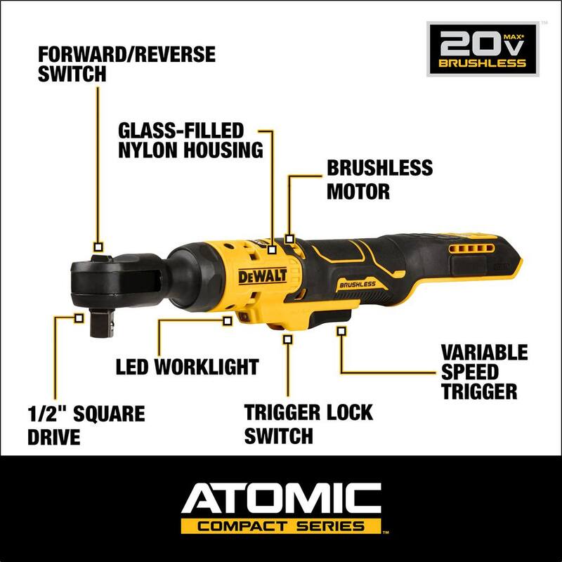 Llave de trinquete sin cable DEWALT ATOMIC 20V MAX de iones de litio de 1/2 in. con (2) paquetes de baterías de iones de litio de 20V MAX Premium de 5.0 Ah - DCF512BWCB205-2