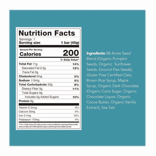 88 Acres Sweet N Salty Gluten-Free Dark Chocolate Sea Salt Seed and Oat Bar, 1.6 oz Bar, 9PK - ACY00504