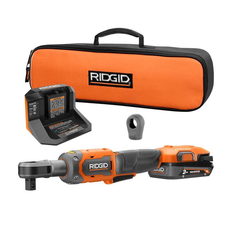 Kit de trinquete inalámbrico sin escobillas RIDGID 18V de 1/2 pulg. con (1) batería de 2.0 Ah y cargador y bota protectora - R866012KN-AC13B03N