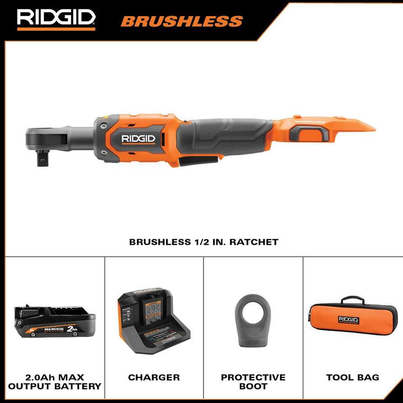 Kit de trinquete inalámbrico sin escobillas RIDGID 18V de 1/2 pulg. con (1) batería de 2.0 Ah y cargador y bota protectora - R866012KN-AC13B03N