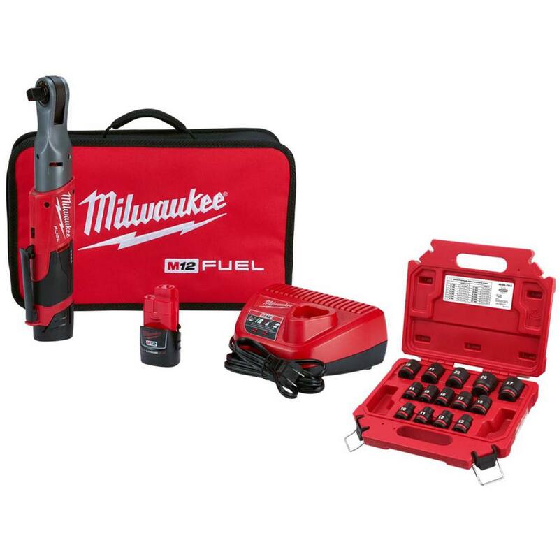 Milwaukee M12 FUEL 12V Lithium-Ion Brushless 1/2 in. Kit de Trinquete sin cable con (2) Baterías 2.0Ah, Cargador, Bolsa y Juego de Llaves Métricas - 2558-22-49-66-7013