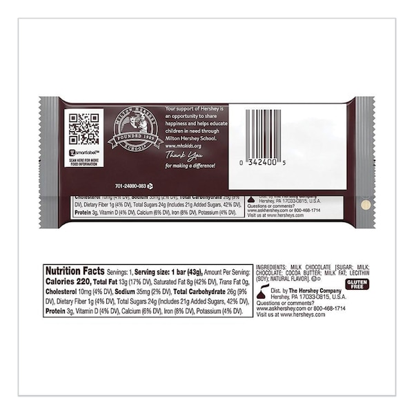 Hersheys Chocolate Bars, Milk Chocolate, 55.8 oz, 36PK - HEC24000
