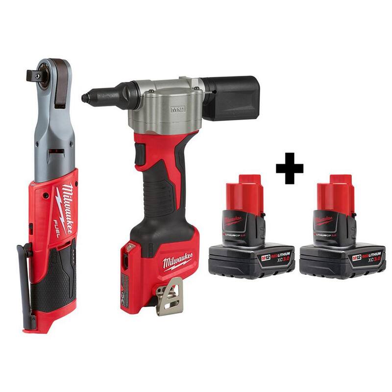 Milwaukee M12 FUEL 12-Volt Lithium-Ion Brushless Cordless 1/2 in. Ratchet and Rivet Tool with Two 3.0 Ah Batteries - 2558-20-2550-20-48-11-2412