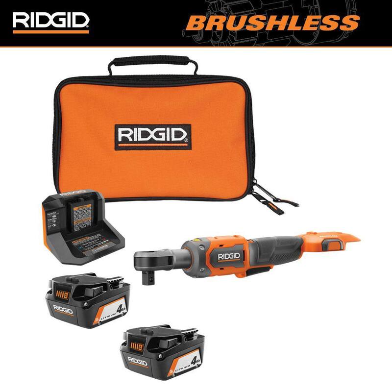 RIDGID 18V Llave de trinquete inalámbrica sin escobillas de 1/2 pulg. con (2) baterías de 4.0 Ah, cargador y bolsa - R866012B-AC93044SBN