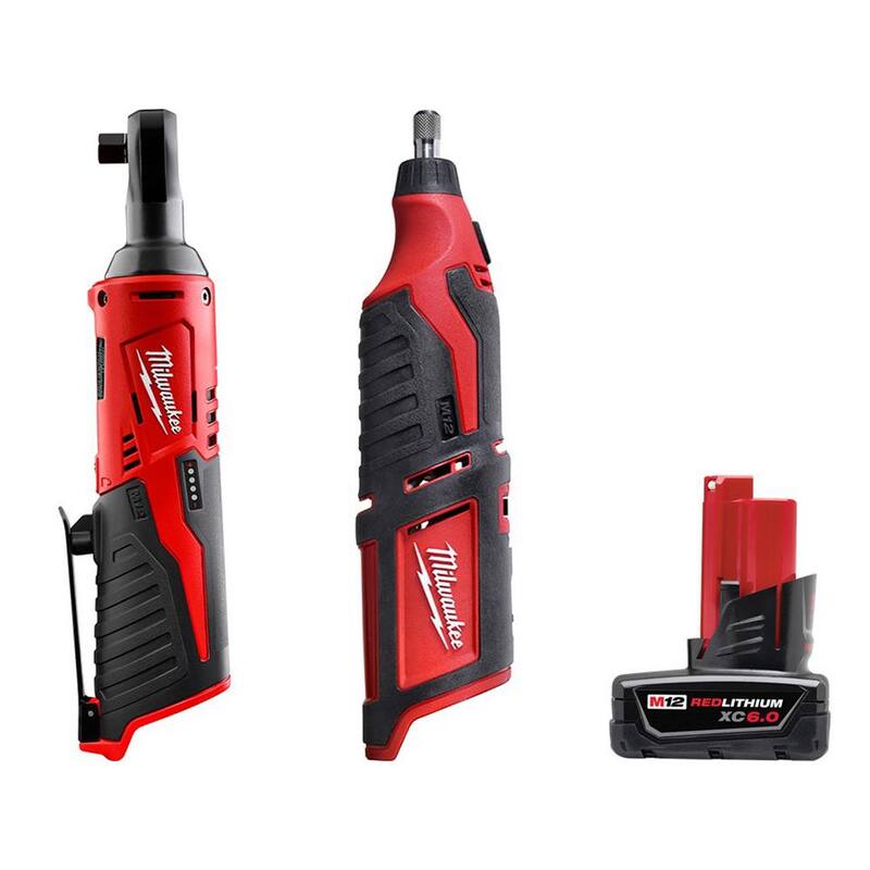Llave de trinquete inalámbrica de 3/8 de Milwaukee M12 de 12 voltios de iones de litio con Herramienta rotativa M12 y Paquete de batería XC de 6.0 Ah - 2457-20-2460-20-48-11-2460