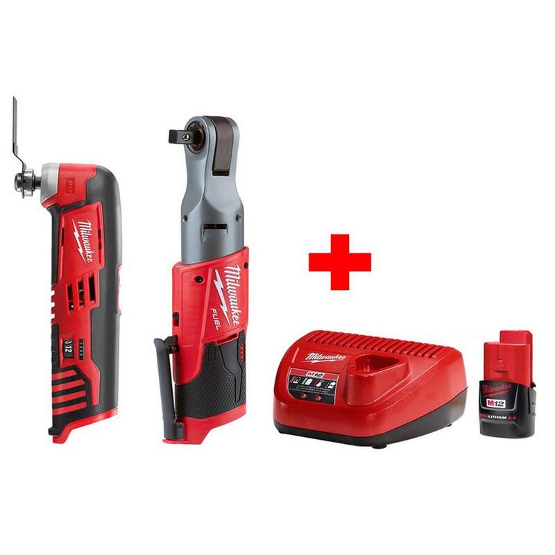 Milwaukee M12 FUEL 12V Lithium-Ion Brushless Cordless 1/2 in. Ratchet and Multi-Tool Combo Kit con (1) Batería de 2.0Ah y Cargador - 2558-20-2426-20-48-59-2420.