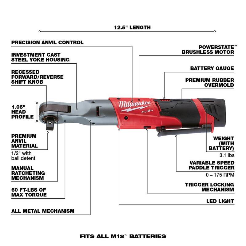 Juego de trinquete inalámbrico Milwaukee M12 FUEL de 12 voltios de iones de litio sin escobillas de 1/2 pulgada con juego de llaves de vaso de impacto y mecánica (70 piezas) - 2558-22-48-22-9010