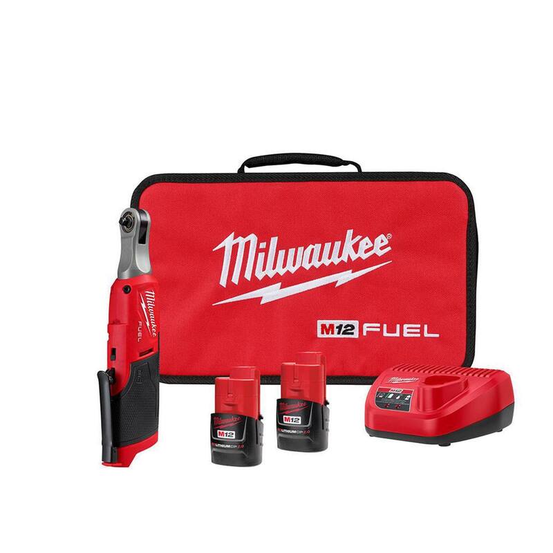 Juego de Trinquete inalámbrico sin escobillas de iones de litio de alta velocidad de 1 / 4 de Milwaukee M12 FUEL 12V con (2) baterías, cargador y bolsa - 2566-22