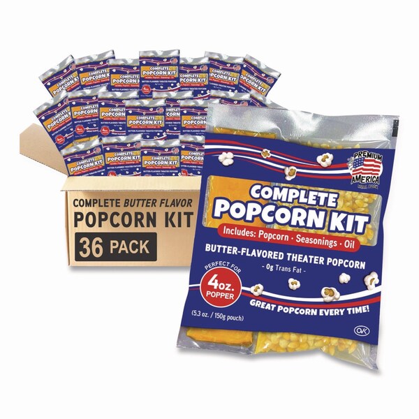Great Western Products Premium America Popcorn, Butter, 8 oz Pack, 36PK - GRE00016