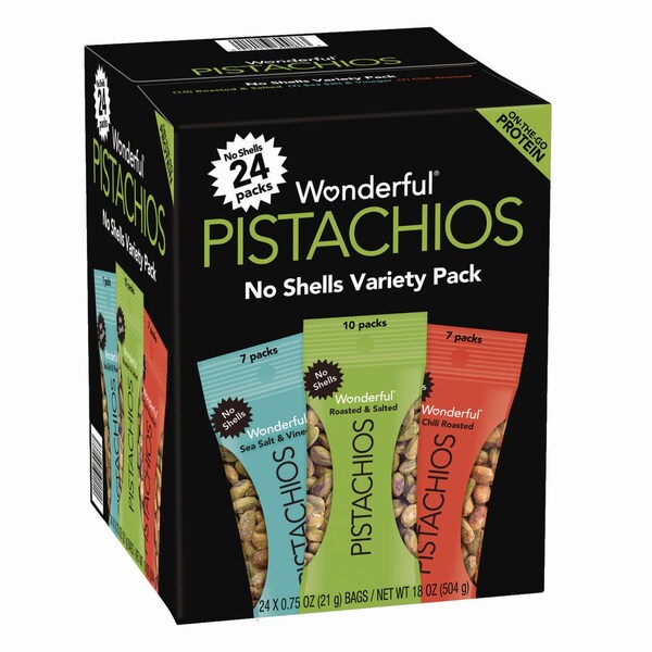 Wonderful No Shells Roasted and Salted Pistachios Variety Pack, Assorted Flavors, 0.75 oz Bag, 24PK - PAR70086