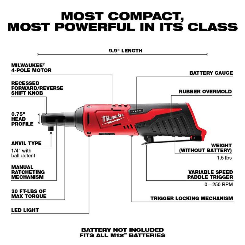 Milwaukee M12 12V Llave de trinquete inalámbrica de 1/4 de pulgada de iones de litio (solo herramienta) - 2456-20