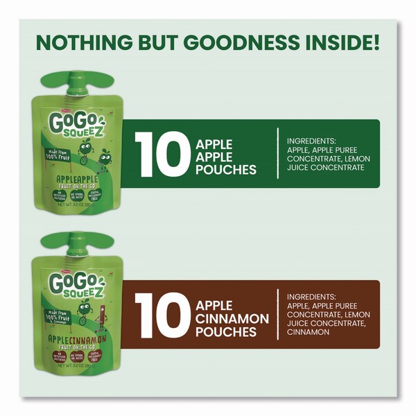 Gogo Squeez Fruit on the Go, 10 Apple/10 Apple Cinnamon, 3.2 oz Pouch, 20PK - MNA04331