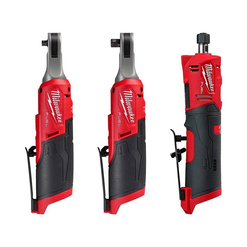 Llave de trinquete inalámbrica Milwaukee M12 FUEL 12V de 1/4 y 3/8 pulgadas de alta velocidad con motor sin escobillas de iones de litio, y amoladora de troqueles recta de 1/4 de pulgada - 2566-20-2567-20-2486-20