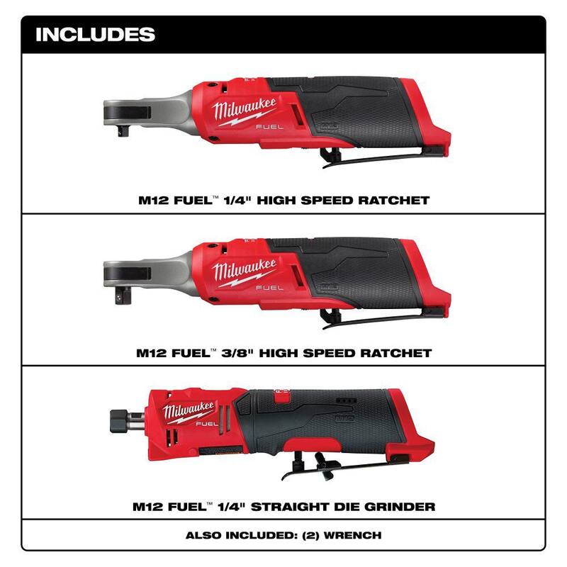 Llave de trinquete inalámbrica Milwaukee M12 FUEL 12V de 1/4 y 3/8 pulgadas de alta velocidad con motor sin escobillas de iones de litio, y amoladora de troqueles recta de 1/4 de pulgada - 2566-20-2567-20-2486-20