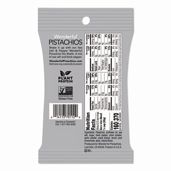 Wonderful No Shells Sea Salt and Pepper Pistachios, 2.25 oz Pack, 8PK - PAR70144