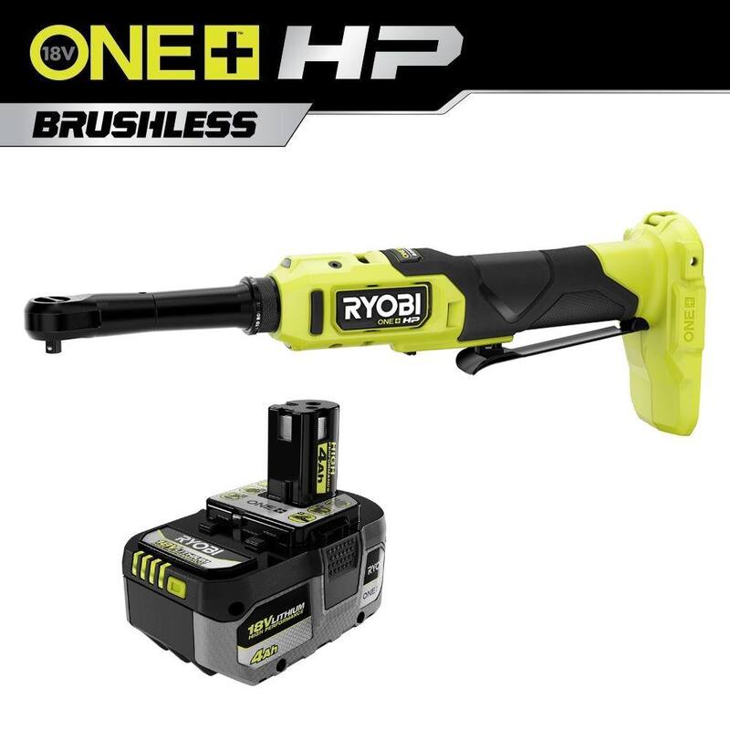 RYOBI ONE+ HP 18V Cerrucho Inalámbrico con Motor sin Escobillas de 1/4 pulg. de Extensión y Batería de Alto Rendimiento de Iones de Litio de 4.0 Ah - PBLRC01B-PBP004