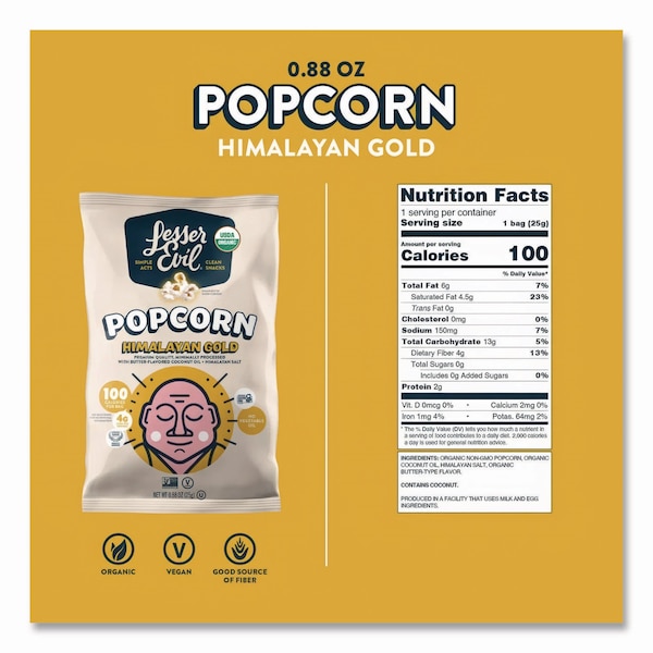 Lesserevil Snack Organic Himalayan Gold Popcorn, 0.88 oz Bag, 18PK - LSN00691