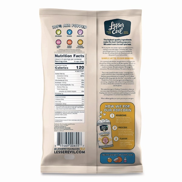 Lesserevil Snack Organic Himalayan Gold Popcorn, 0.88 oz Bag, 18PK - LSN00691
