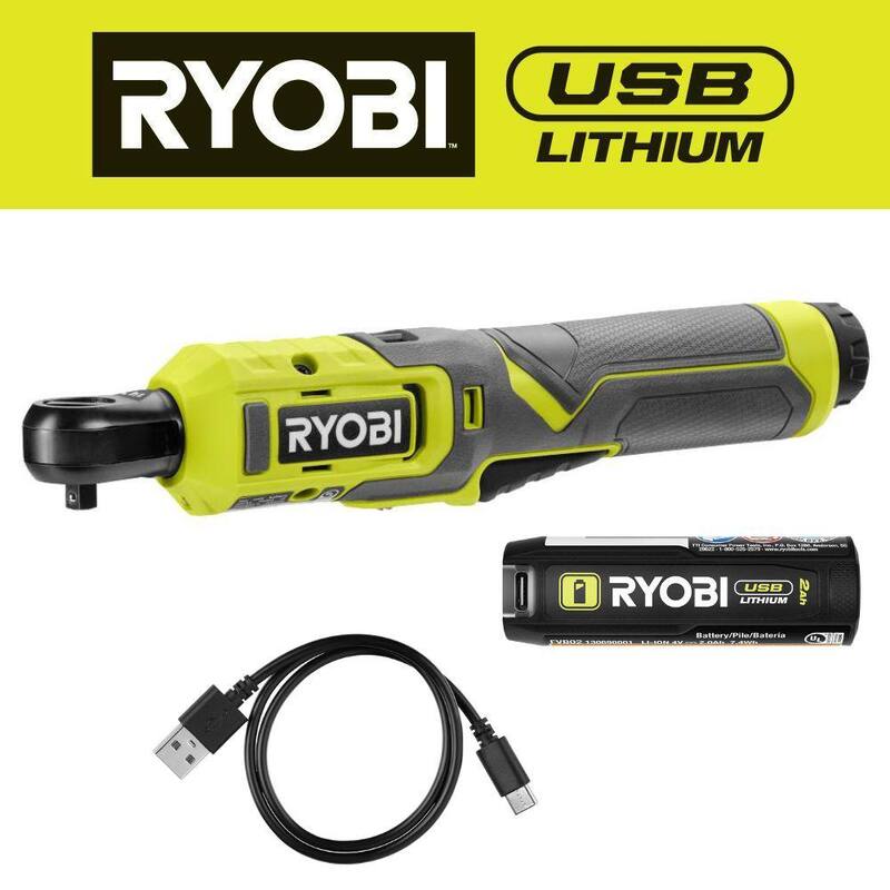 Kit de trinquete RYOBI USB de 1/4 de pulgada con batería de 2.0 Ah y cable de carga USB - FVRC50K