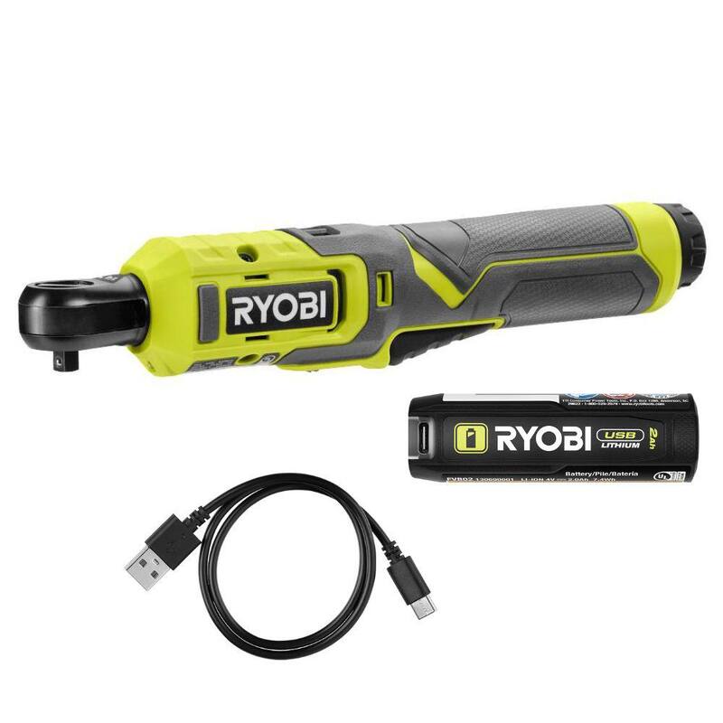 Kit de trinquete RYOBI USB de 1/4 de pulgada con batería de 2.0 Ah y cable de carga USB - FVRC50K
