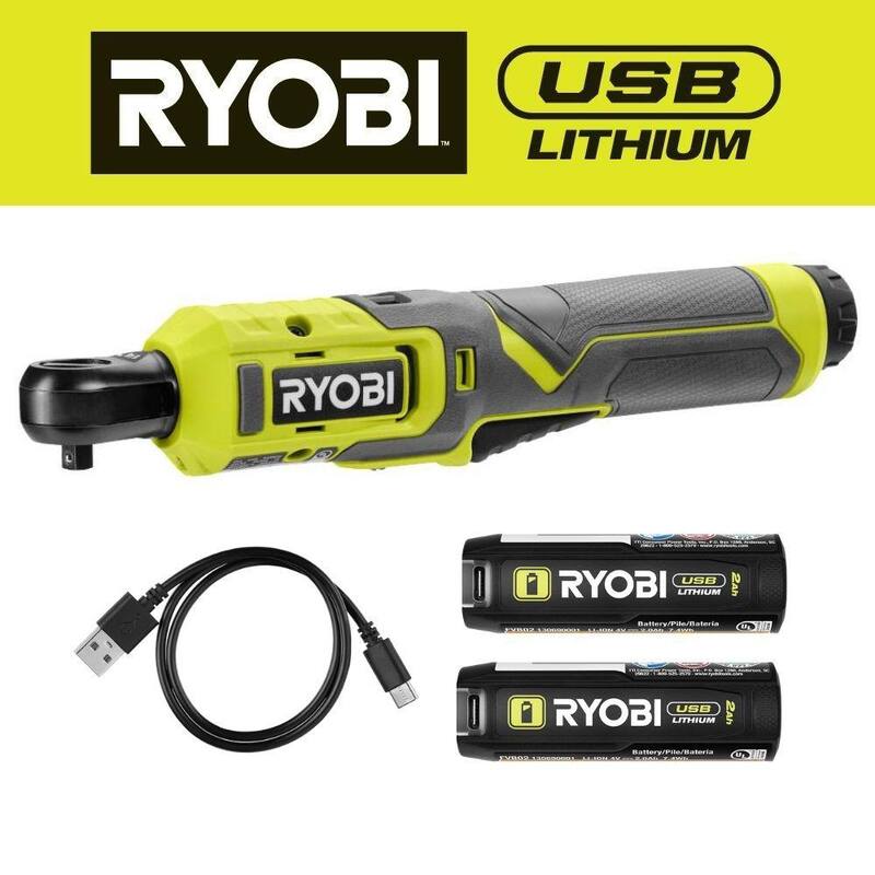 Kit de carraca RYOBI USB de 1/4 de pulgada con batería de 2.0 Ah y cable de carga USB, con batería de 2.0 Ah y cable de carga USB Lithium - FVRC50K-FVB02
