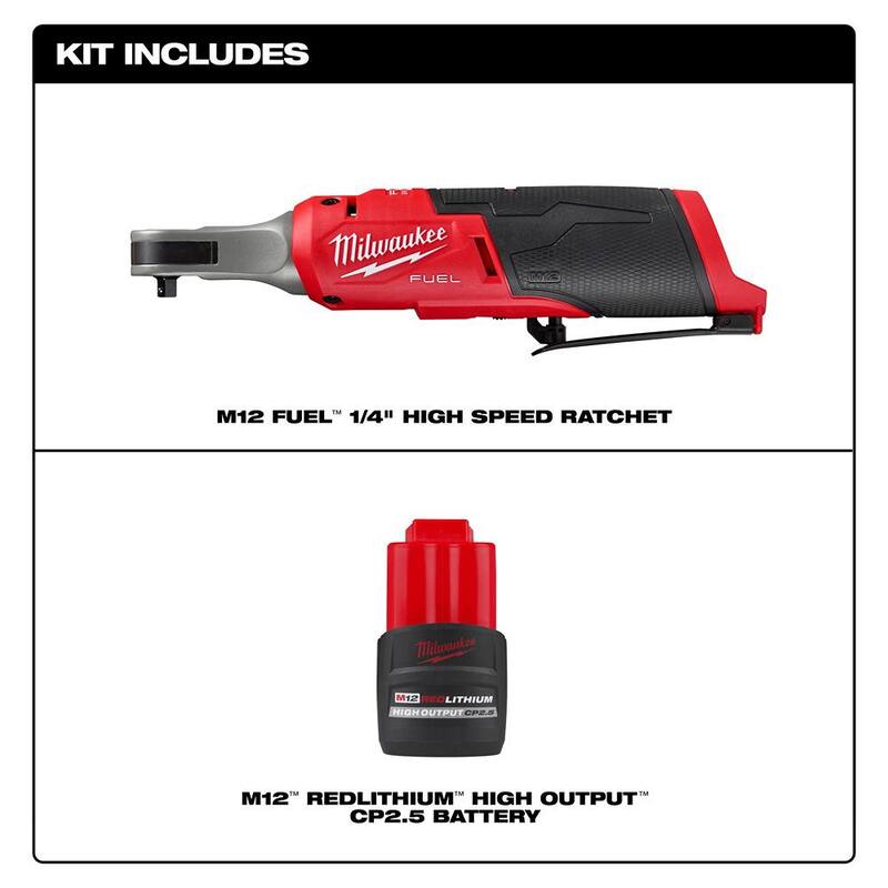 Milwaukee M12 FUEL 12V Llave de trinquete inalámbrica sin escobillas de litio de alta velocidad de 1/4 de pulgada con paquete de batería de alto rendimiento CP de 2.5 Ah - 2566-20-48-11-2425