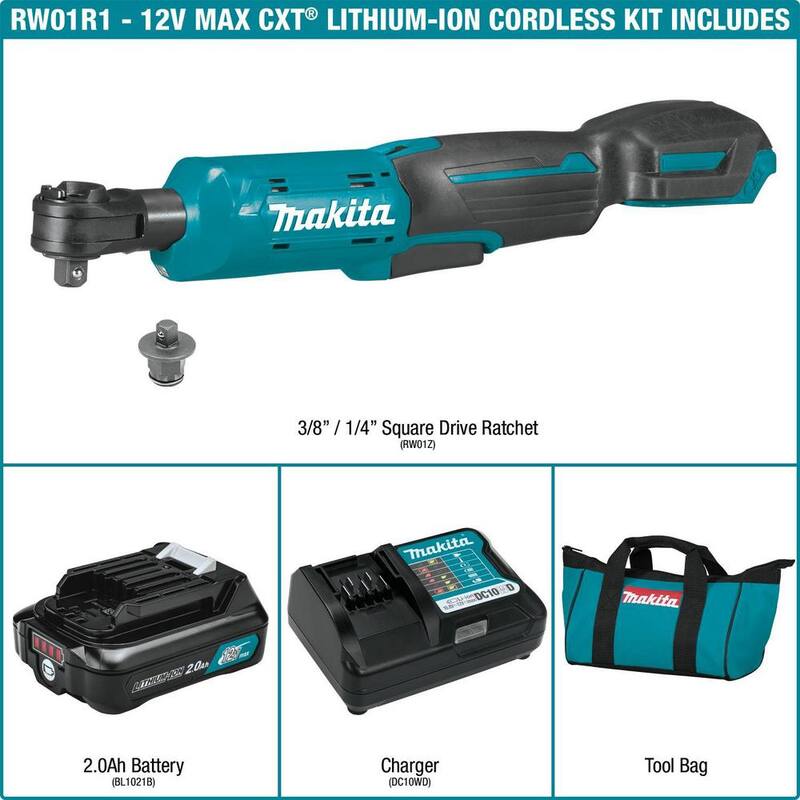 Kit de trinquete inalámbrico de iones de litio Makita 12V max CXT 2.0 Ah 3/8 pulg./1/4 pulg. Sq. Drive - RW01R1