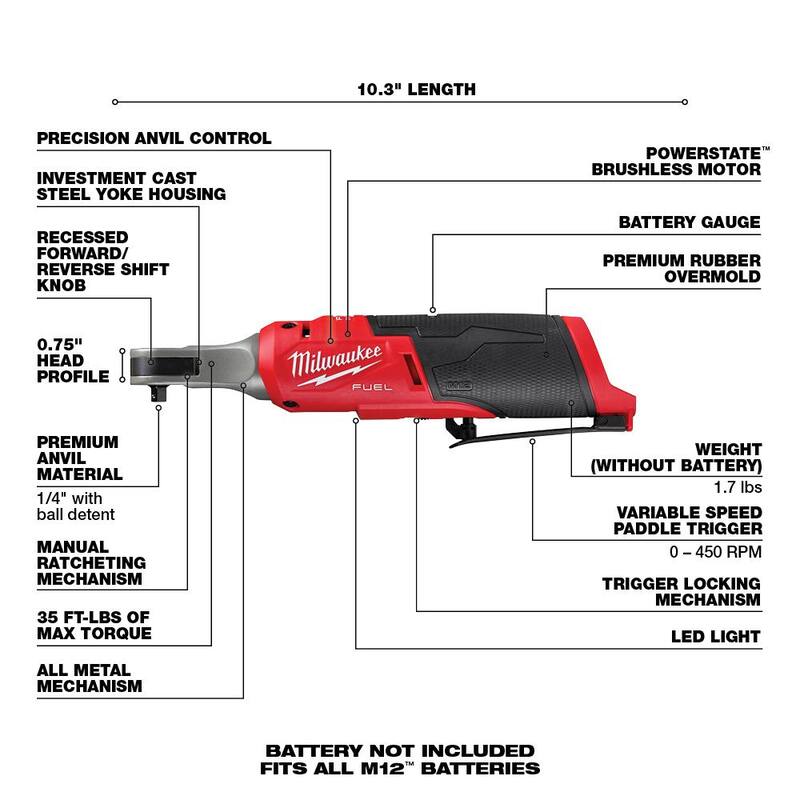 Llave de trinquete inalámbrica Milwaukee M12 FUEL de 12 voltios con motor sin escobillas de alta velocidad de 1/4 pulgadas, solo herramienta (paquete de 2) - 2566-20-2566-20