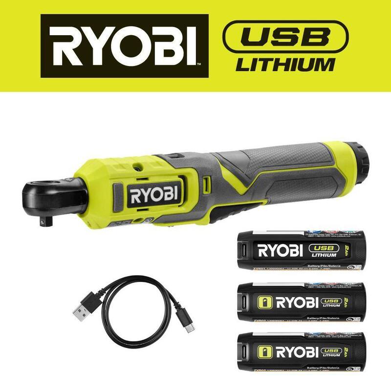 RYOBI Juego de Llave de Carraca USB de Litio de 1/4 pulg. con Batería de 2.0 Ah, Cable de Carga y Baterías de Litio USB de 2.0 Ah (paquete de 2) - FVRC50K-FVB202