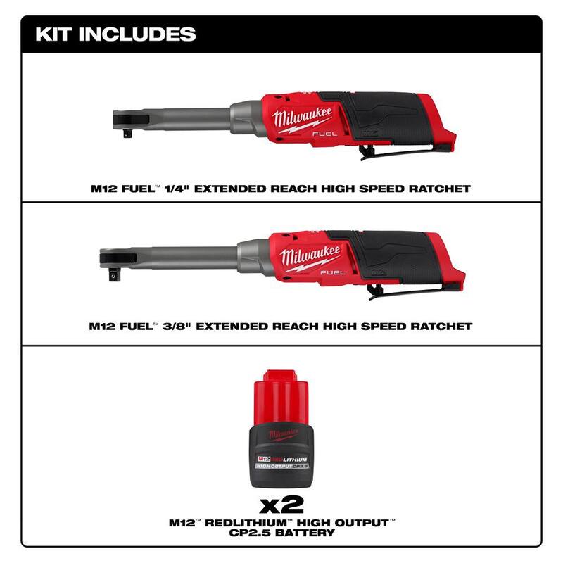 Milwaukee M12 FUEL 12V Lithium-Ion Brushless Cordless 1/4 in. & 3/8 in. Extended Reach Ratchets w/(2) M12 CP 2.5 Ah Batteries - 2568-20-2569-20-48-11-2425-48-11-2425

Llaves de trinquete extendidas inalámbricas sin escobillas de iones de litio de 12 V Milwaukee M12 FUEL 1/4 in. y 3/8 in. con (2) Baterías M12 CP 2.5 Ah - 2568-20-2569-20-48-11-2425-48-11-2425.