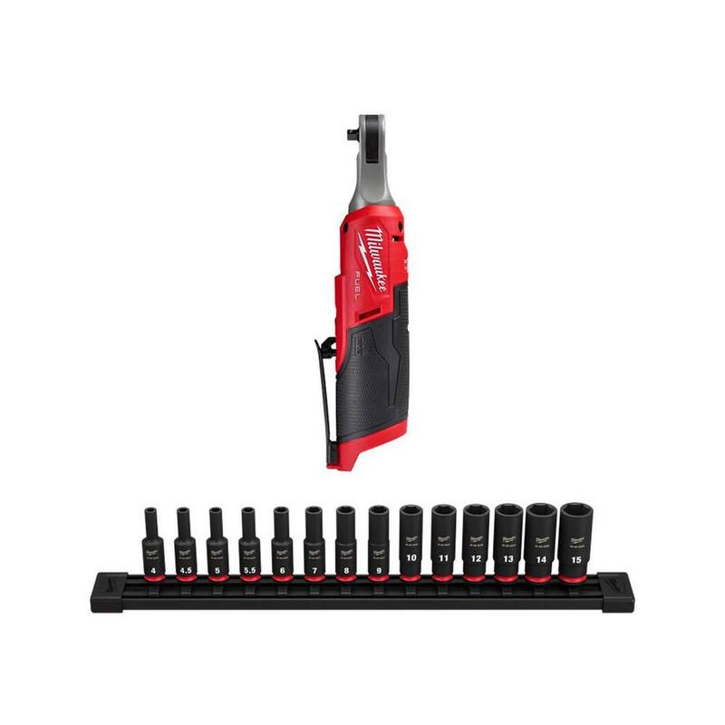 Juego de trinquete inalámbrico sin escobillas Milwaukee M12 FUEL de 12V de alta velocidad y casquillos de impacto métricos de 1/4 de pulgada - 2566-20-49-66-7003
