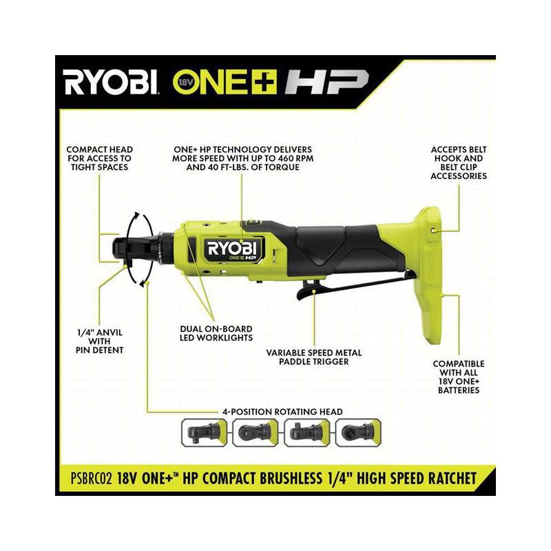 RYOBI ONE+ 18V HP Llave de trinquete compacta inalámbrica sin escobillas de alta velocidad de 1/4 de pulgada (Únicamente la herramienta) - PSBRC02B