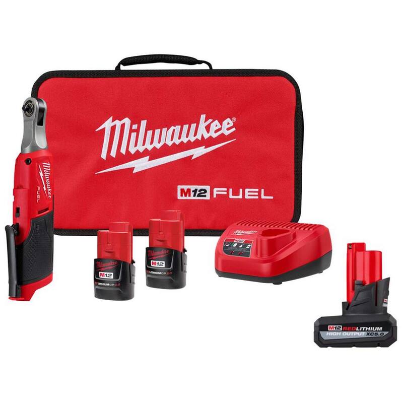Milwaukee M12 FUEL 12V Li-Ion Inalámbrico con Motor sin Escobillas de Alta Velocidad de 1/4 pulg con Llave de Carraca Inalámbrica Kit con (2) Baterías, Cargador y Batería de 5.0 Ah - 2566-22-48-11-2450