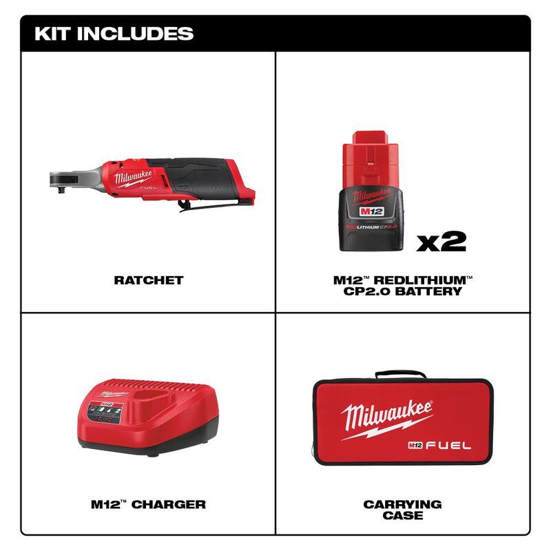 Milwaukee M12 FUEL 12V Li-Ion Inalámbrico con Motor sin Escobillas de Alta Velocidad de 1/4 pulg con Llave de Carraca Inalámbrica Kit con (2) Baterías, Cargador y Batería de 5.0 Ah - 2566-22-48-11-2450