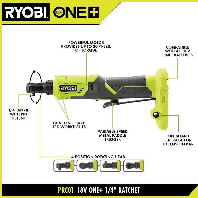 RYOBI ONE+ 18V Llave de trinquete inalámbrica 1/4 de pulgada con 4 posiciones (solo herramienta) - PRC01B