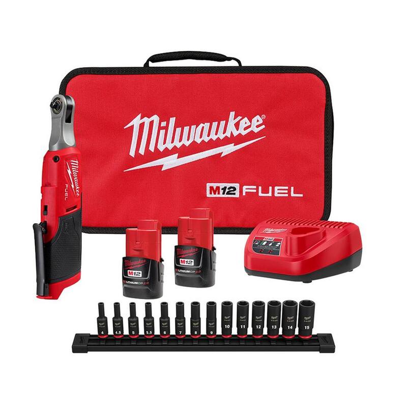 Milwaukee M12 FUEL 12V Inalámbrico de Alta Velocidad 1/4 pulg. Juego de Llaves Ratchet con Juego de Dado de Impacto Profundo Métrico de 1/4 pulg. Drive (14 piezas) - 2566-22-49-66-7003