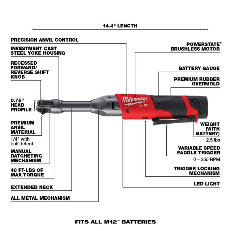 Juego de Trinquete Extendido Inalámbrico Milwaukee M12 FUEL 12V de Iones de Litio sin Escobillas de 1/4 pulgadas con Batería M12 2.0Ah - 2559-21-48-11-2420