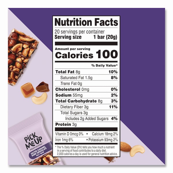Pick Me Up Provisions Nut Bars, Salted Caramel Dark Chocolate, 0.7 oz Bar, 20PK - PM62795-CC