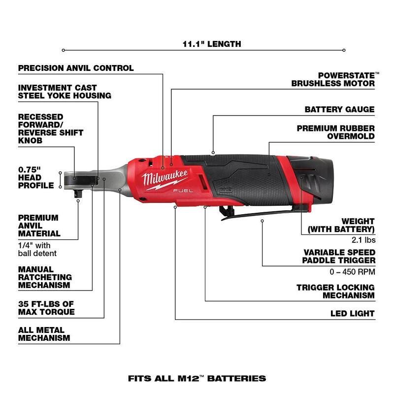Milwaukee M12 FUEL 12V Lithium-Ion sin escobillas inalámbrico de alta velocidad 1/4 in Kit de trinquete con inflador compacto M12 - 2566-22-2475-20