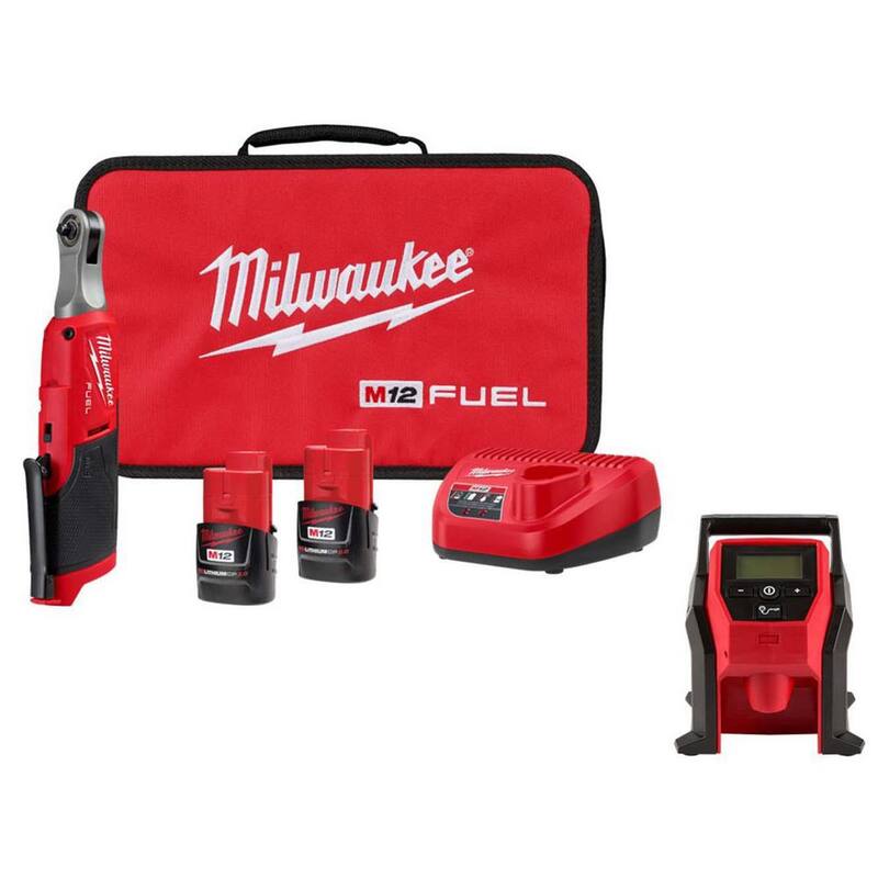 Milwaukee M12 FUEL 12V Lithium-Ion sin escobillas inalámbrico de alta velocidad 1/4 in Kit de trinquete con inflador compacto M12 - 2566-22-2475-20