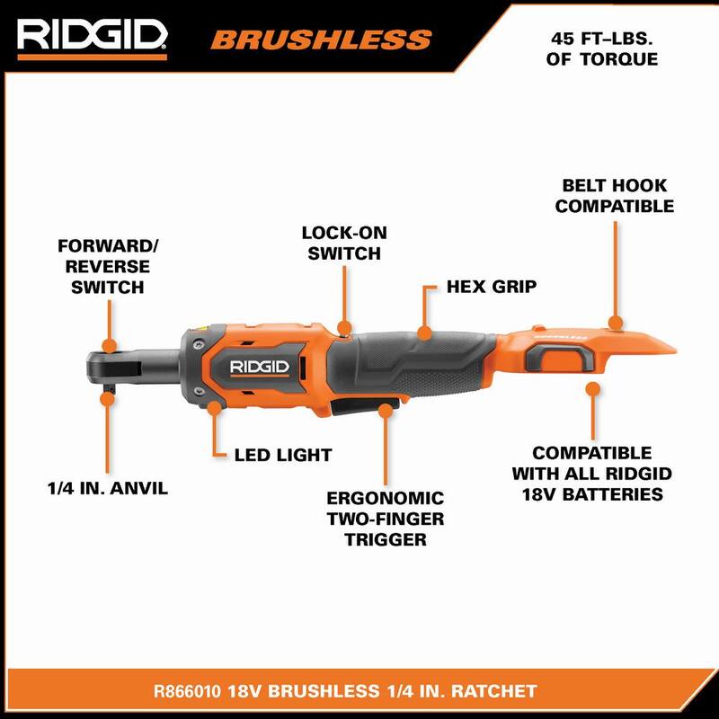 Llave de trinquete inalámbrica sin escobillas RIDGID 18V de 1/4 de pulgada con (2) baterías de 4.0 Ah, cargador y estuche - R866010B-AC93044SBN