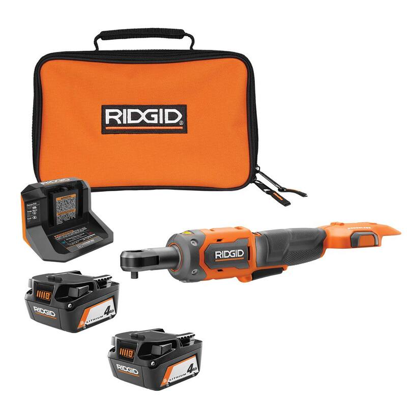 Llave de trinquete inalámbrica sin escobillas RIDGID 18V de 1/4 de pulgada con (2) baterías de 4.0 Ah, cargador y estuche - R866010B-AC93044SBN