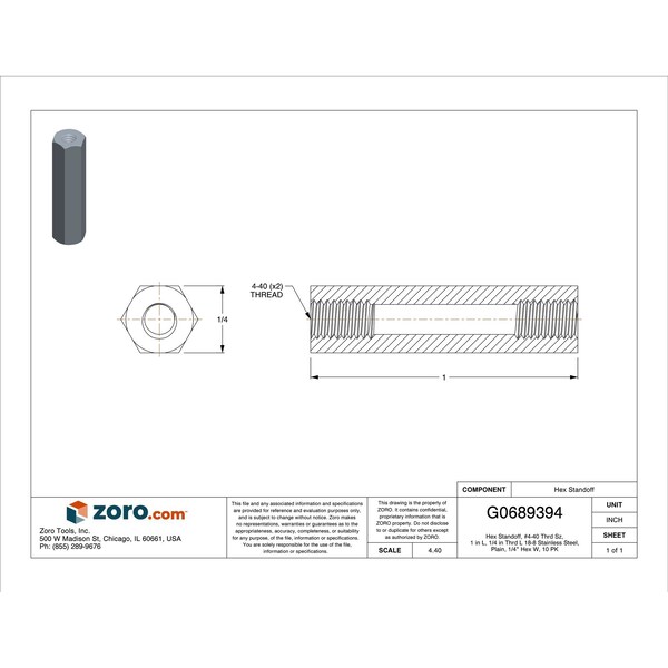 Zoro Select Hex Standoff, No. 4-40 Thrd Sz, 1 in L, 1/4 in Thrd L 18-8 Stainless Steel, Plain, 1/4" Hex W, 10 PK - HST314-440-SS