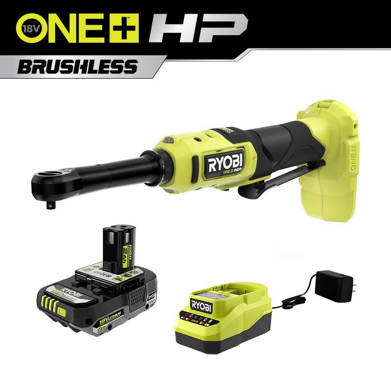 RYOBI ONE+ 18V Llave de trinquete extendida inalámbrica sin escobillas de 1/4 de pulgada con (1) batería de 2.0 Ah y cargador - PBLRC01K1