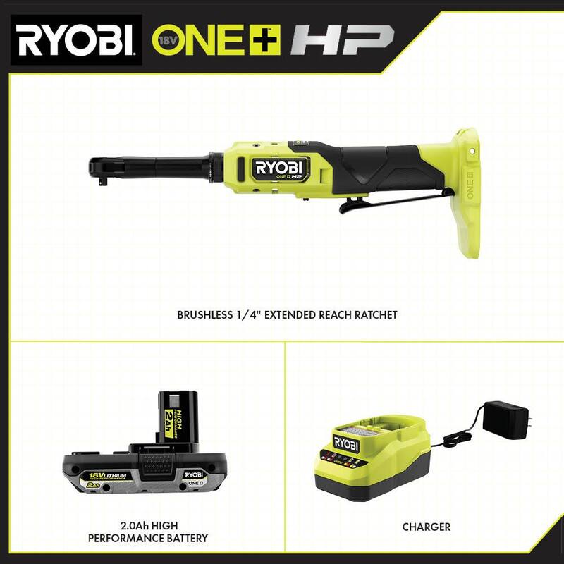 RYOBI ONE+ 18V Llave de trinquete extendida inalámbrica sin escobillas de 1/4 de pulgada con (1) batería de 2.0 Ah y cargador - PBLRC01K1