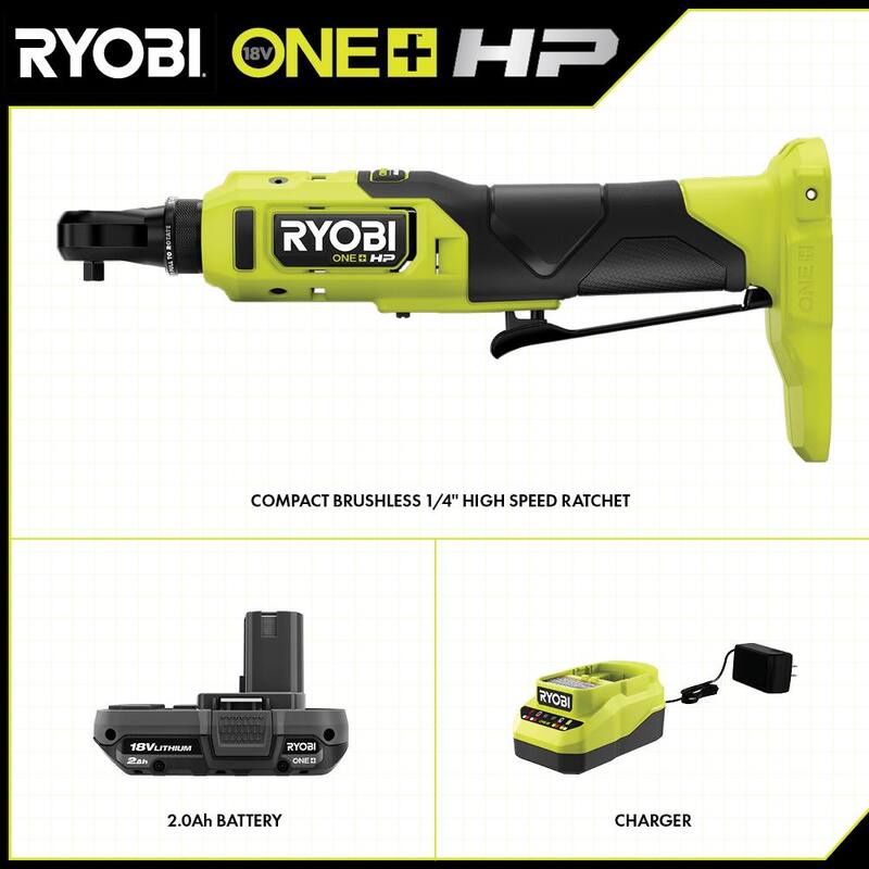 RYOBI ONE+ 18V HP Sin Escobillas Inalámbrico 1/4 pulg. Kit de Trinquete de Alta Velocidad con Batería de 2.0 Ah y Cargador - PSBRC02K1