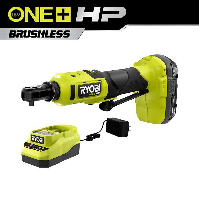 RYOBI ONE+ 18V HP Sin Escobillas Inalámbrico 1/4 pulg. Kit de Trinquete de Alta Velocidad con Batería de 2.0 Ah y Cargador - PSBRC02K1
