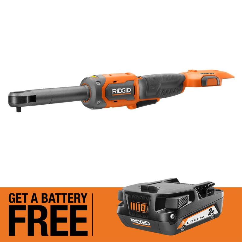Llave de trinquete inalámbrica sin escobillas RIDGID 18V de 1/4 de pulgada con alcance extendido y batería de iones de litio de 2.0 Ah GRATIS - R866020B-AC8400802