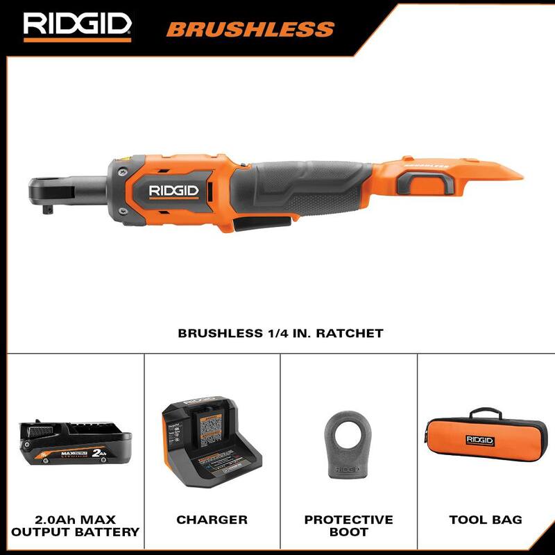 Juego de trinquete inalámbrico RIDGID 18V sin escobillas de 1/4 de pulgada con (1) batería de 2.0 Ah y cargador y cubierta protectora - R866010K-AC13B05N